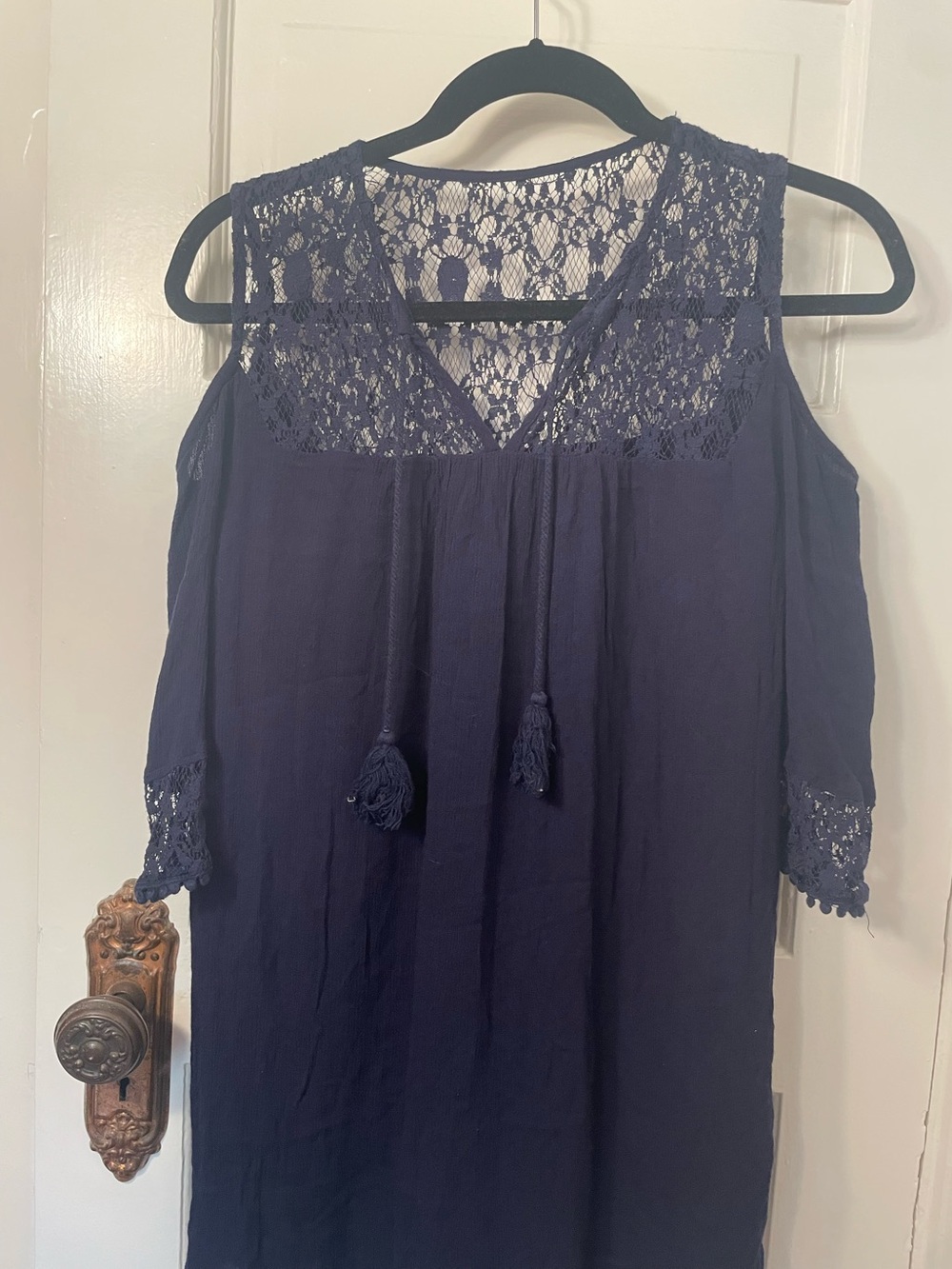 Navy Lace-Yoke Cold-Shoulder Women's Top or coverup